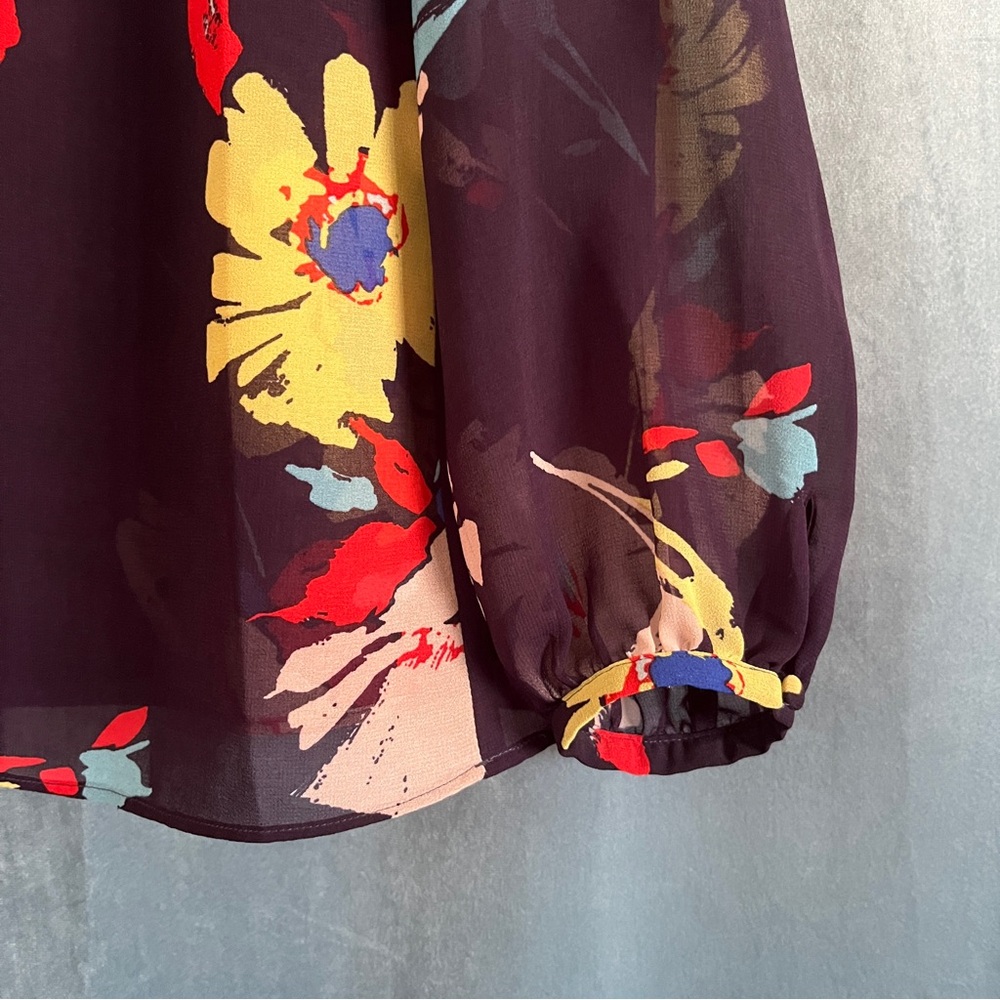 CAbi Juliet Blouse Style 3859 Floral Print Women Plum Top Sheer Ruffle Collar S - Picture 5 of 13
